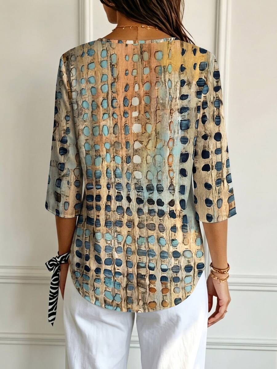 Bluza sa geometrijskim printom srca i dijamanta, V-izrez, 3/4 rukavi, plus size