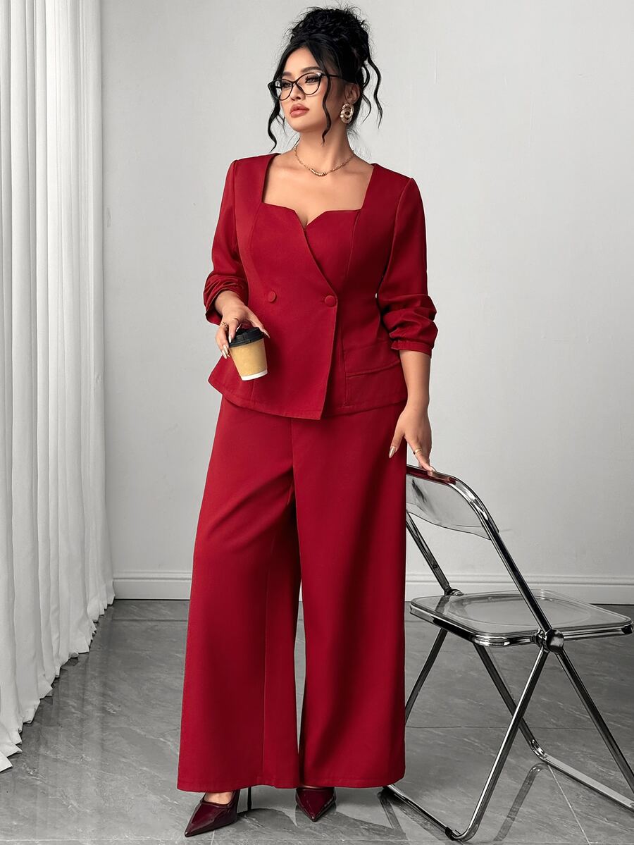 Ženski komplet odelo plus size sa blejzer topom dugih rukava i drapiranim širokim pantalonama