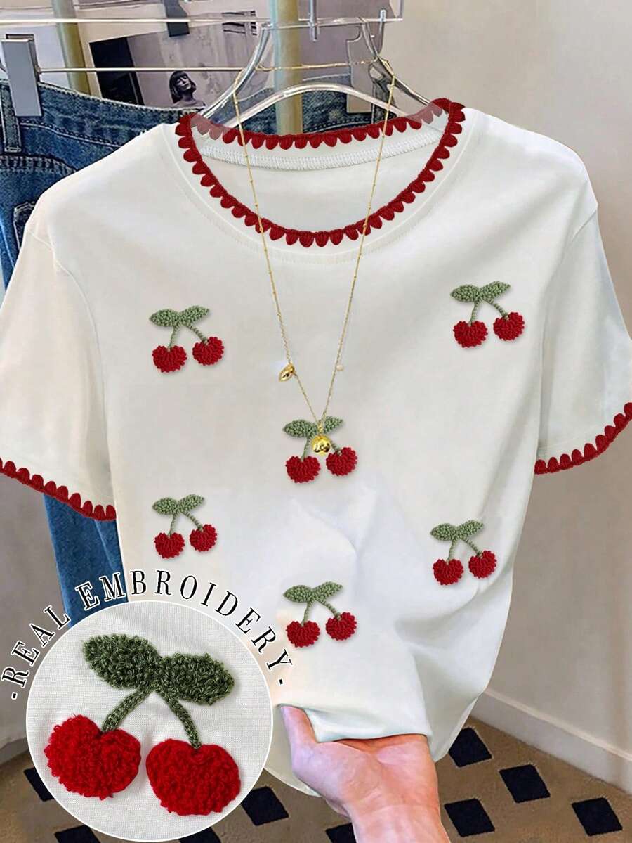 Ženska modna slatka bela majica sa vezenim motivom jagode
