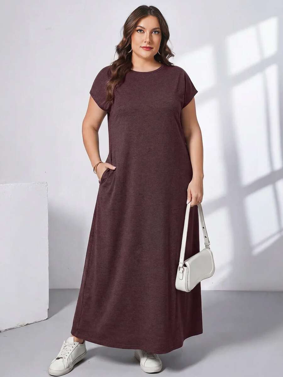 Ženska ležerna haljina plus size, jednobojna, sa okruglim izrezom, kratkim rukavima i džepom