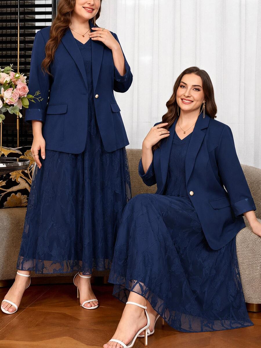 Clasi Set sa sakoom i haljinom sa cvetnim dezenom, plus size