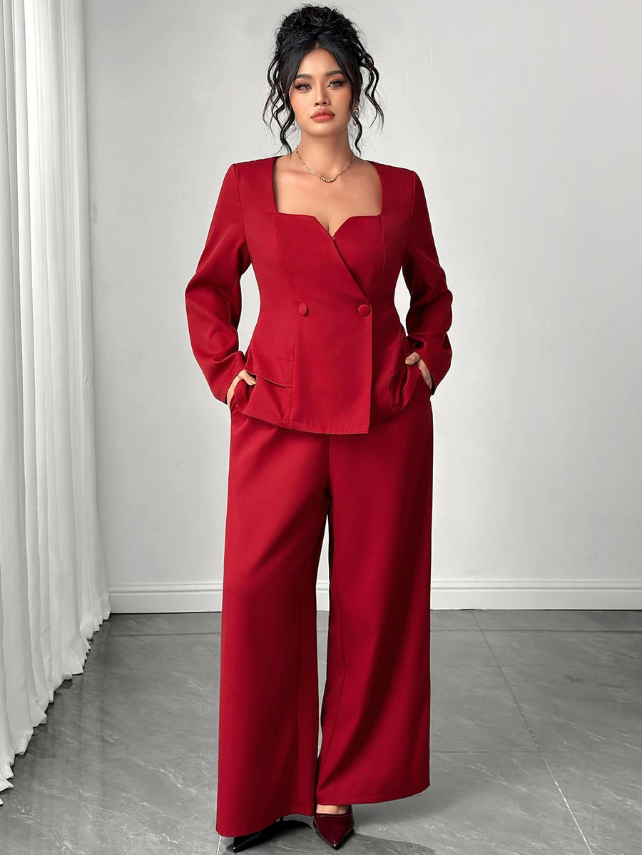 Ženski komplet odelo plus size sa blejzer topom dugih rukava i drapiranim širokim pantalonama