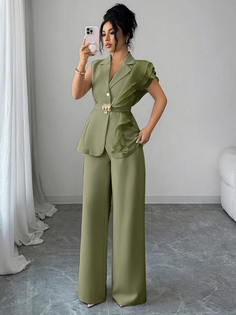 Ženski elegantni letnji luksuzni set -blejzer sa volanim kragnom i vezivanjem u struku uz pantalone