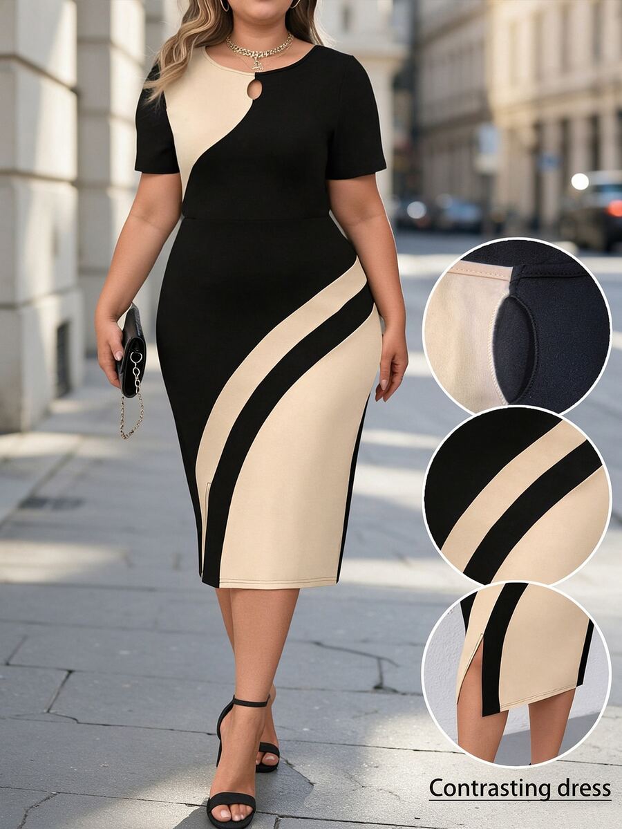 Plus size haljina sa koloblock dizajnom i izrezom