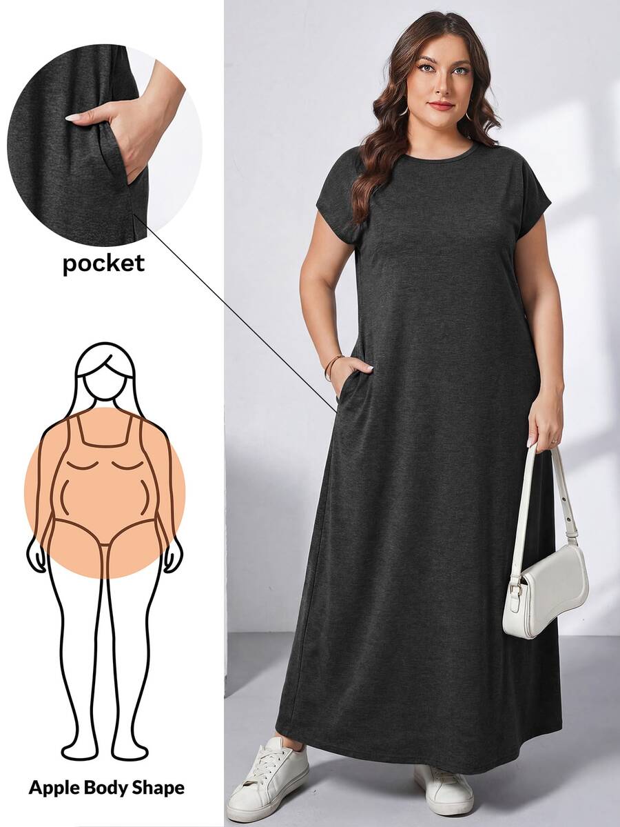 Ženska ležerna haljina plus size, jednobojna, sa okruglim izrezom, kratkim rukavima i džepom