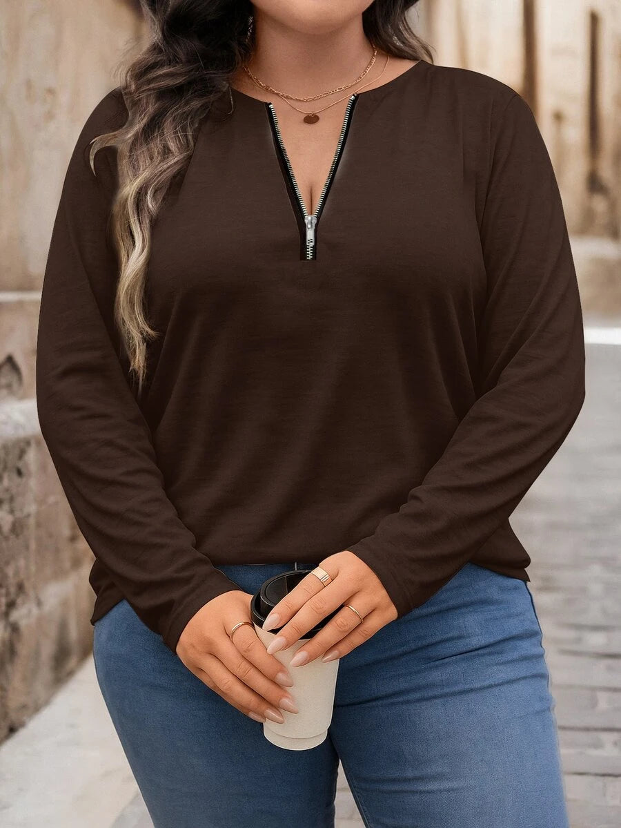 Bluza plus size, širokog kroja, sa polu-ziperom, okruglim izrezom i dugim rukavima