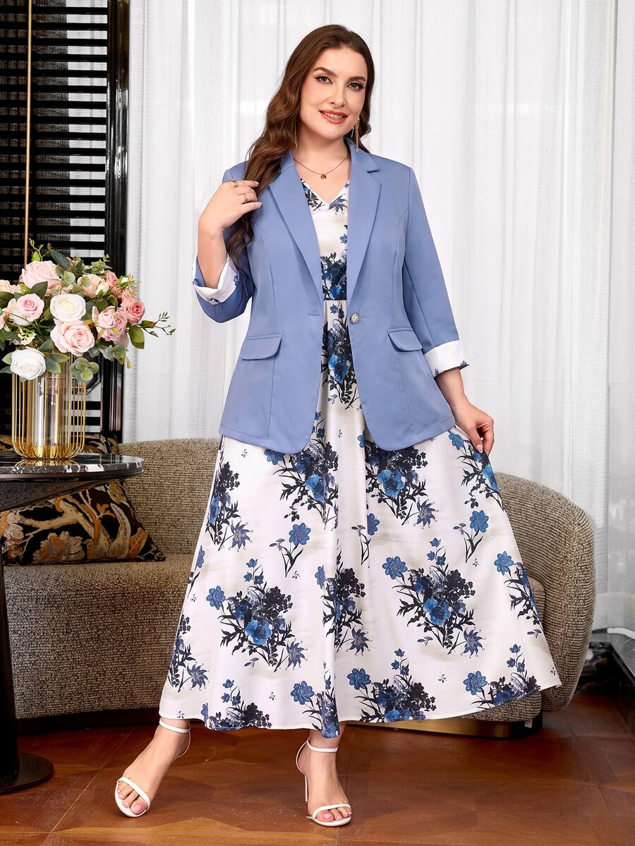 Clasi Set sa sakoom i haljinom sa cvetnim dezenom, plus size