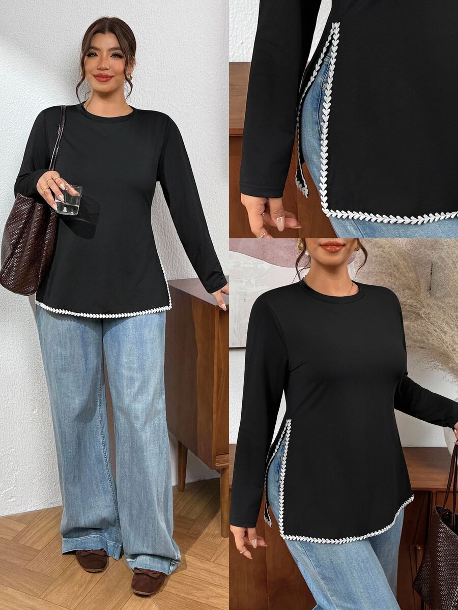 Ženska prugasta pletena bluza plus size sa okruglim izrezom