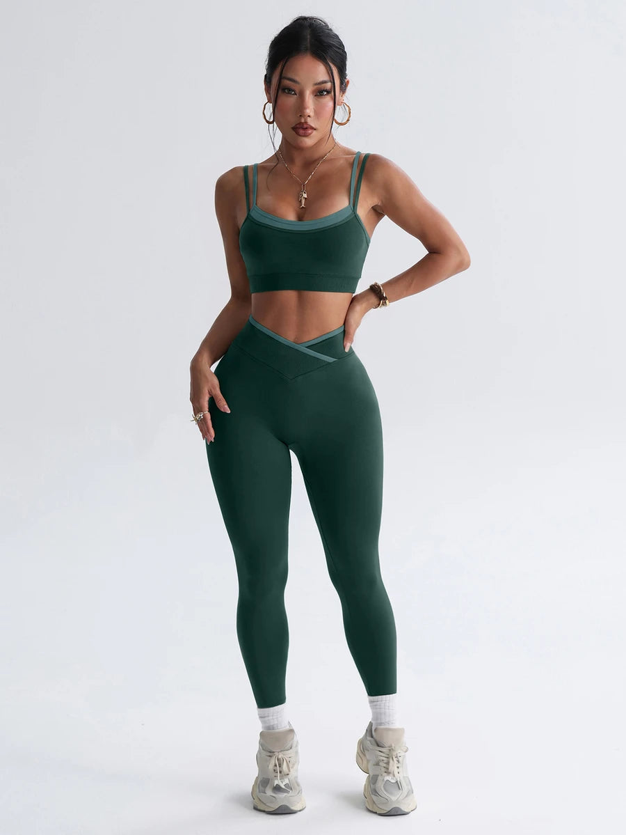 Bešavni ženski set za fitnes i svaki dan, visoko elastičan, sportski, sa efektom zatezanja struka i podizanja zadnjice