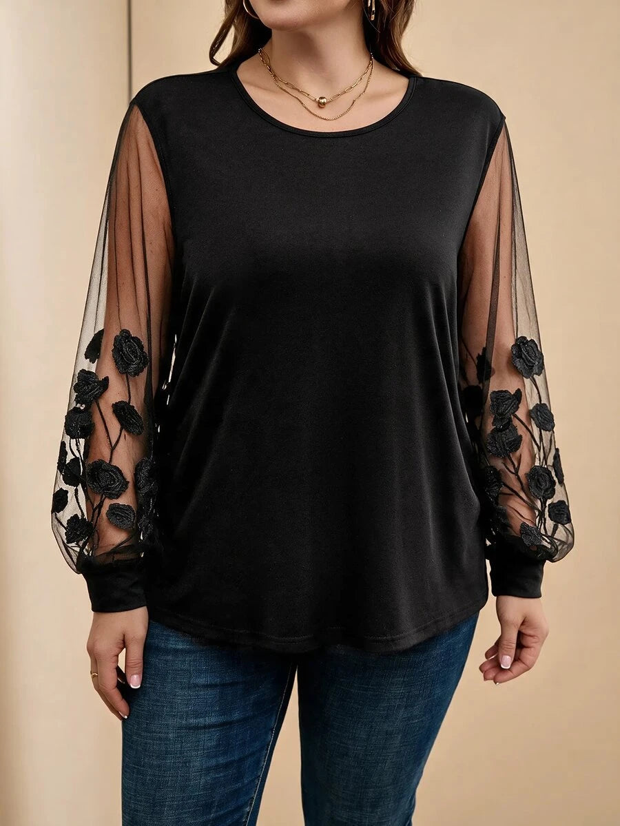 Ženska providna mrežasta bluza sa lantern rukavima, plus size