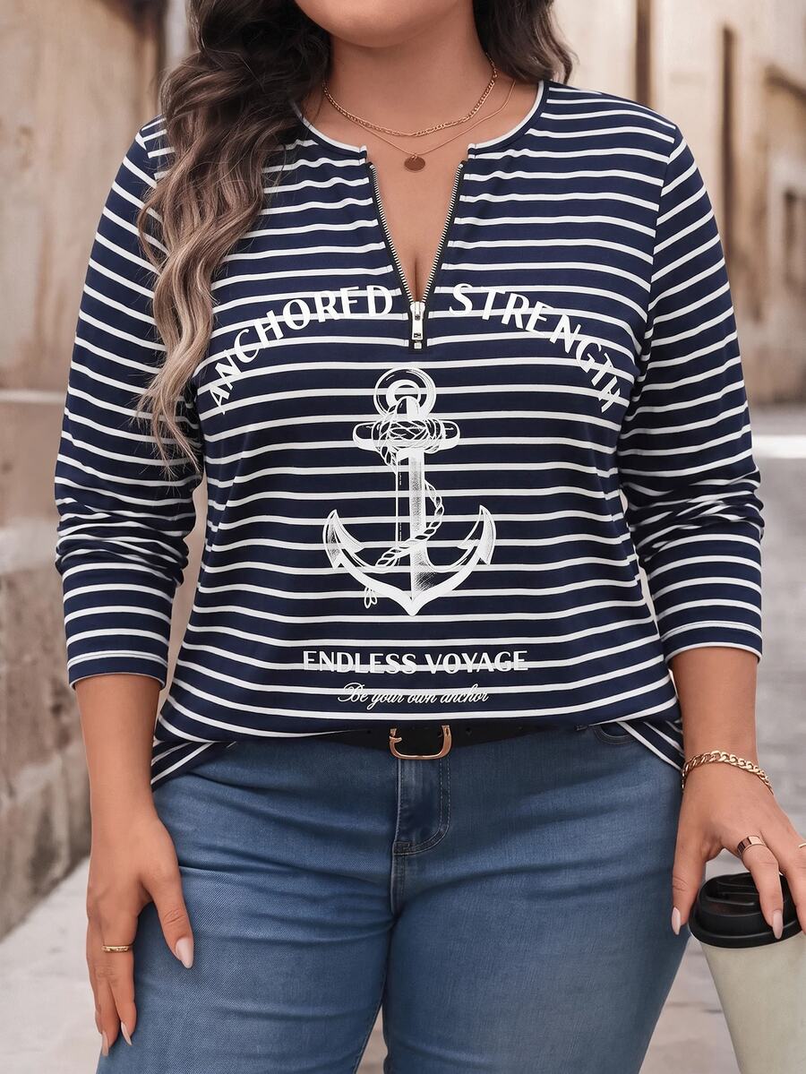Bluza plus size, širokog kroja, sa polu-ziperom, okruglim izrezom i dugim rukavima