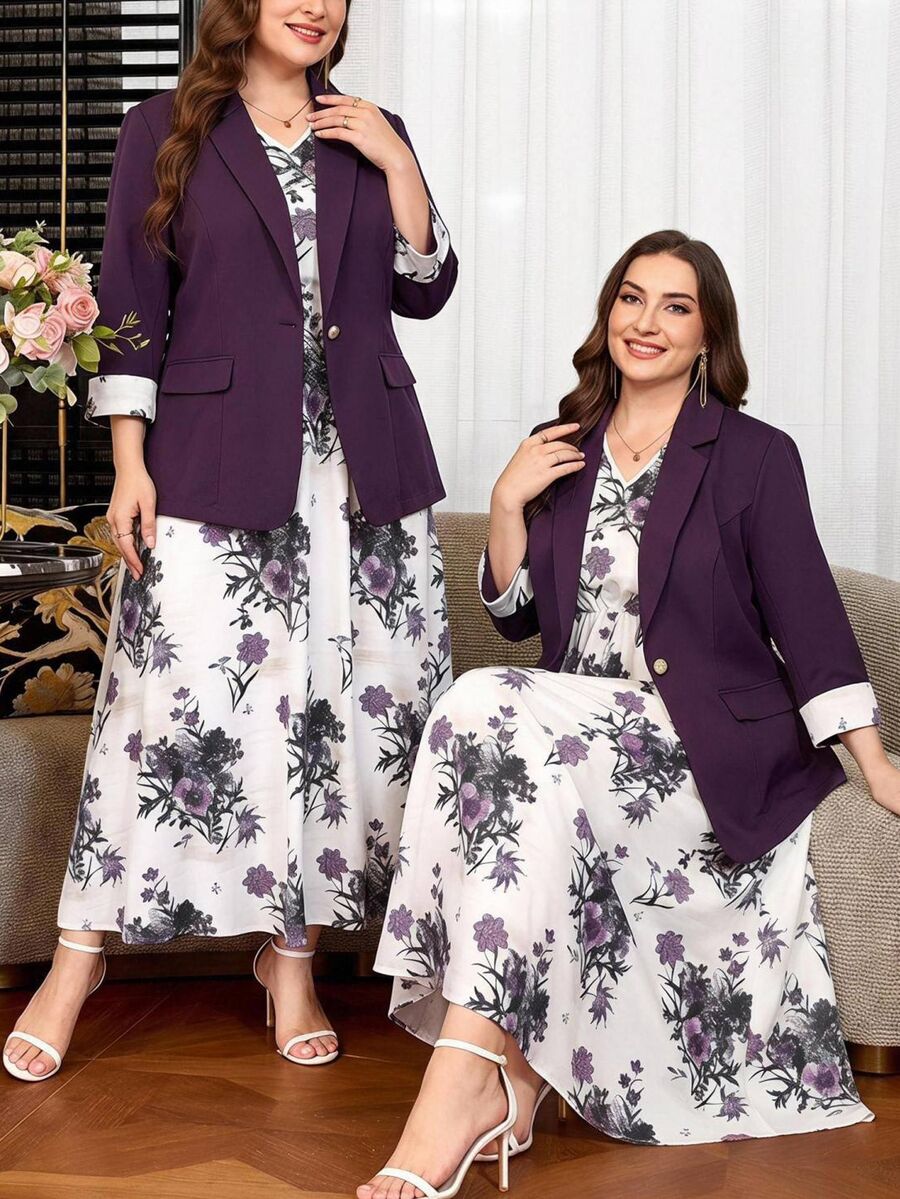 Clasi Set sa sakoom i haljinom sa cvetnim dezenom, plus size