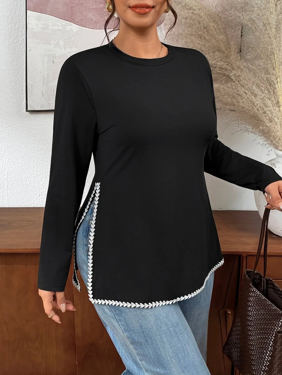 Ženska prugasta pletena bluza plus size sa okruglim izrezom