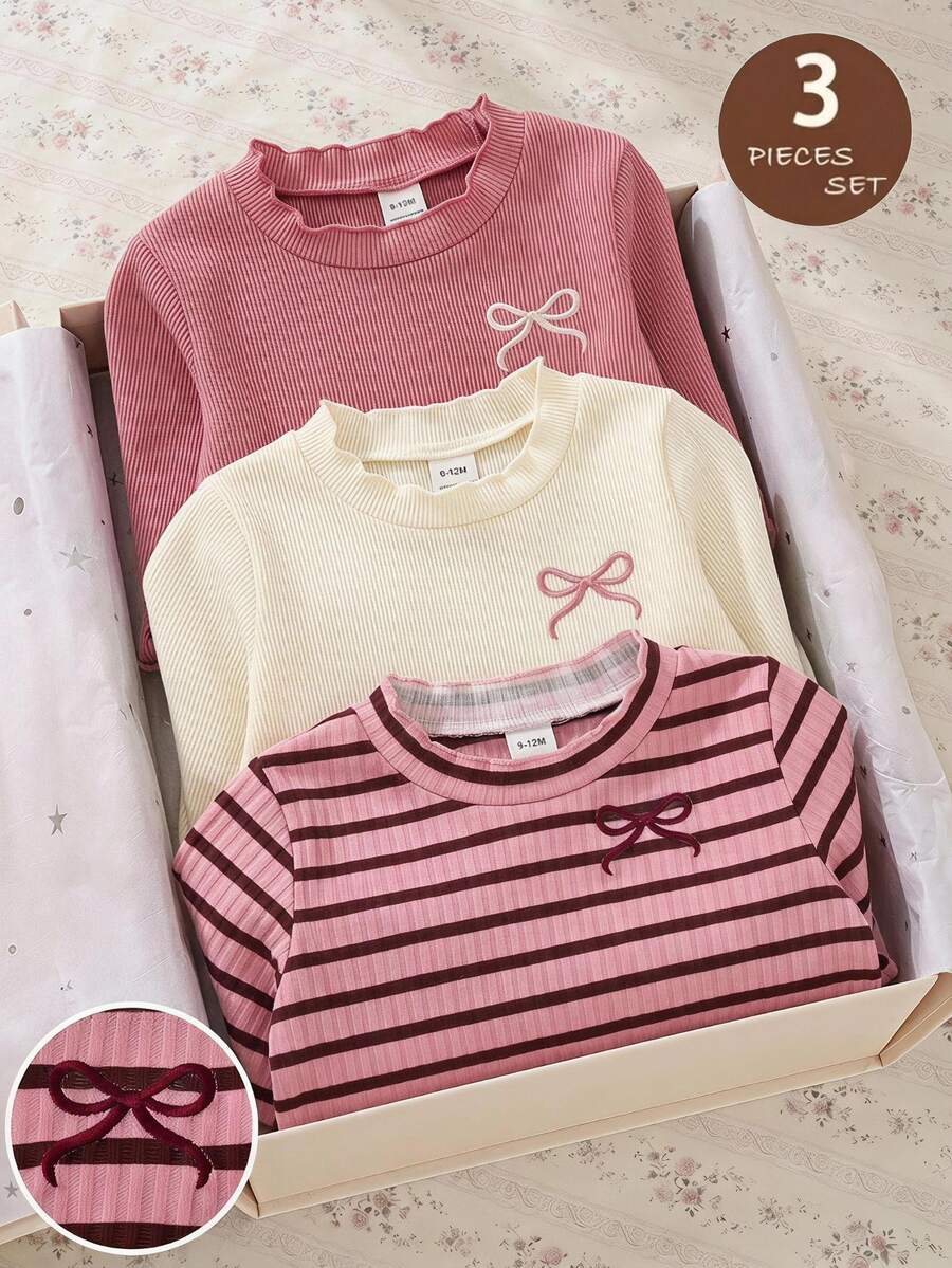 3 kom/set dečijih majica za devojčice, roze i bela prugasta, jesenja, slatka
