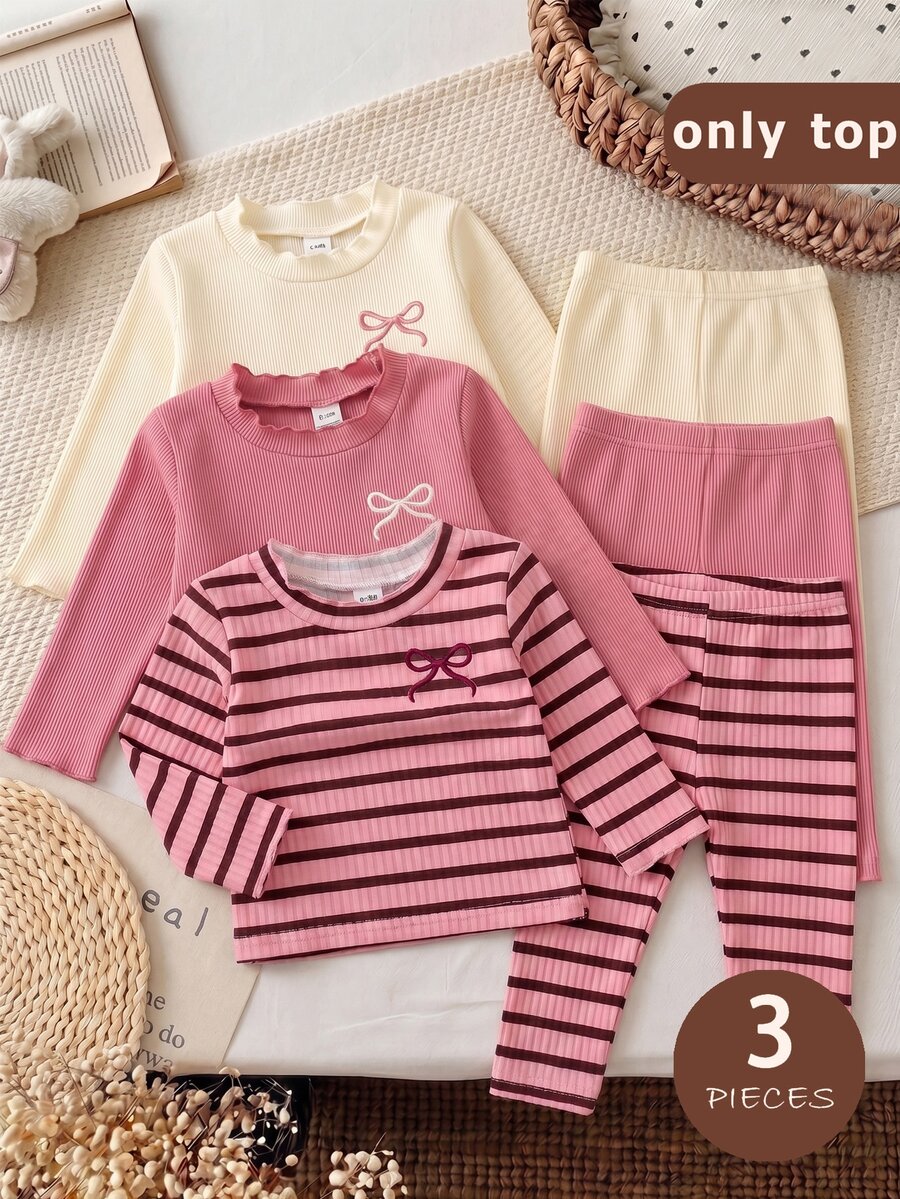 3 kom/set dečijih majica za devojčice, roze i bela prugasta, jesenja, slatka