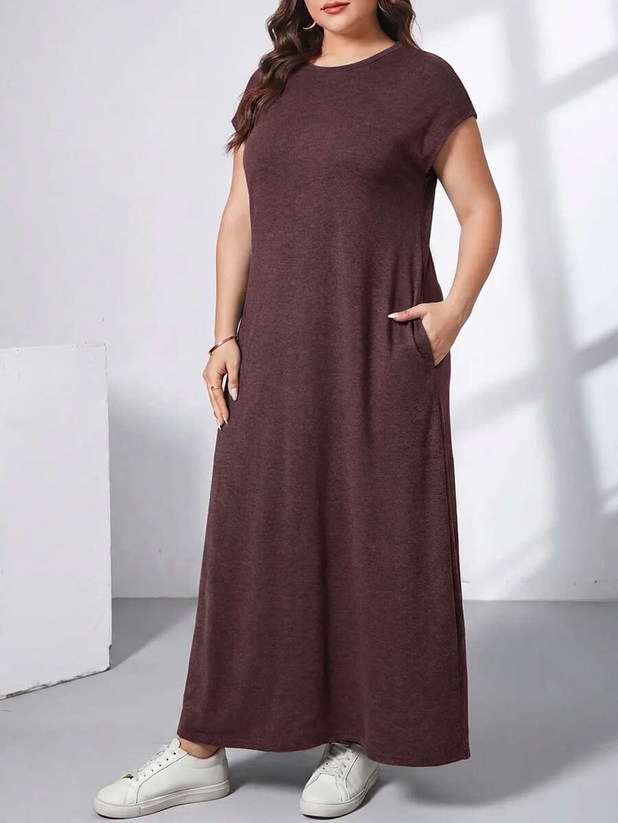 Ženska ležerna haljina plus size, jednobojna, sa okruglim izrezom, kratkim rukavima i džepom