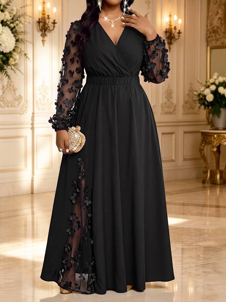 Elegantna haljina , plus size, sa vezom i mrežastim detaljima