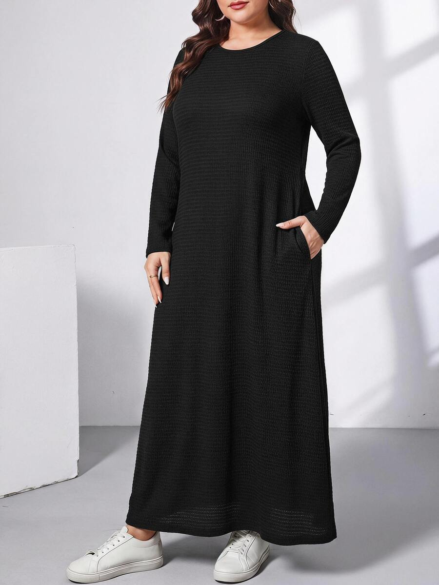 Ženska ležerna haljina plus size, jednobojna, sa okruglim izrezom, kratkim rukavima i džepom