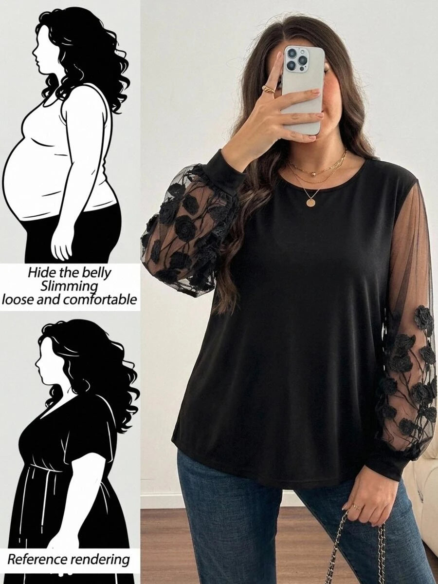 Ženska providna mrežasta bluza sa lantern rukavima, plus size