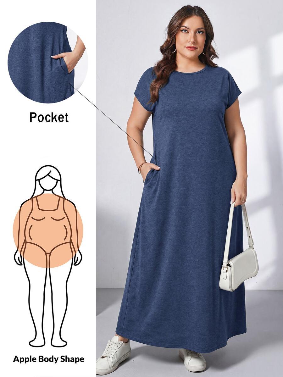 Ženska ležerna haljina plus size, jednobojna, sa okruglim izrezom, kratkim rukavima i džepom