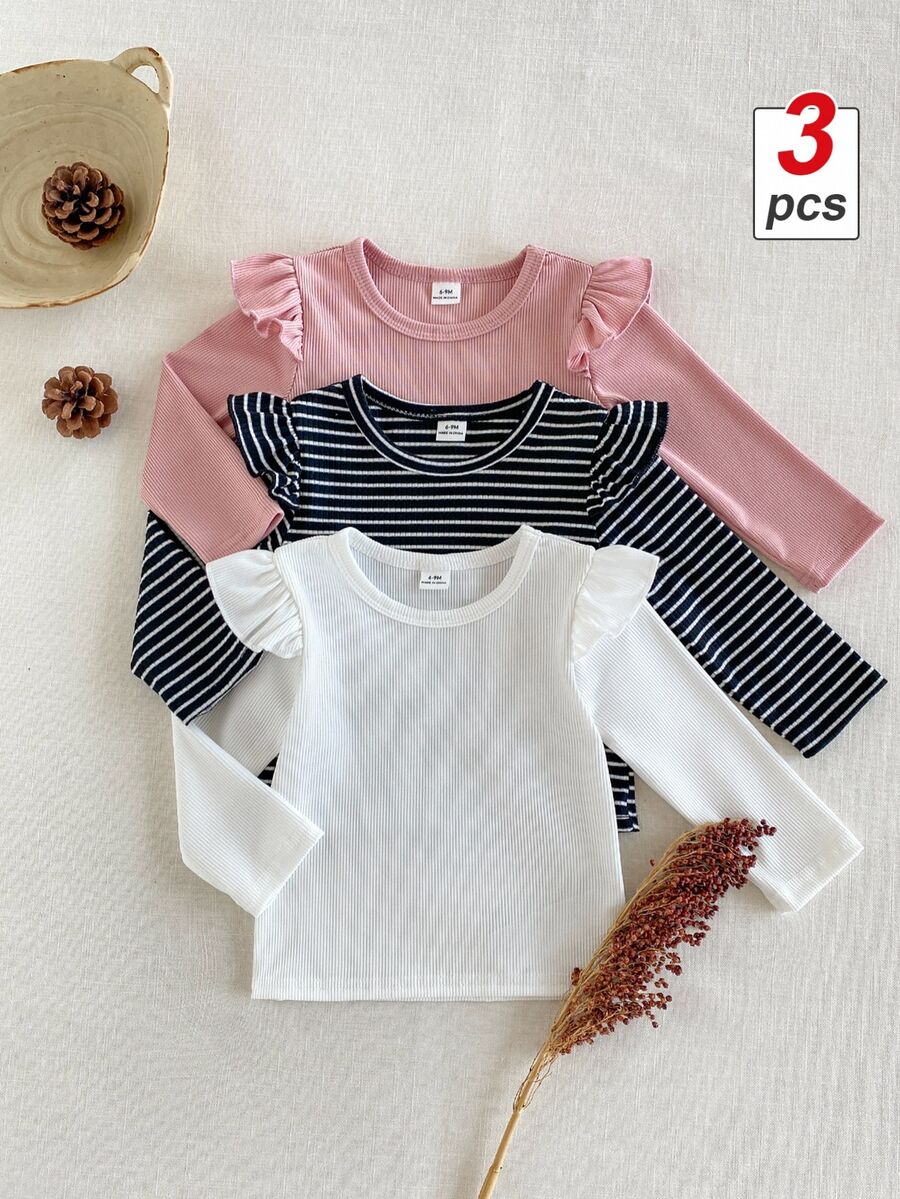 3 kom/set dečijih majica za devojčice, roze i bela prugasta, jesenja, slatka