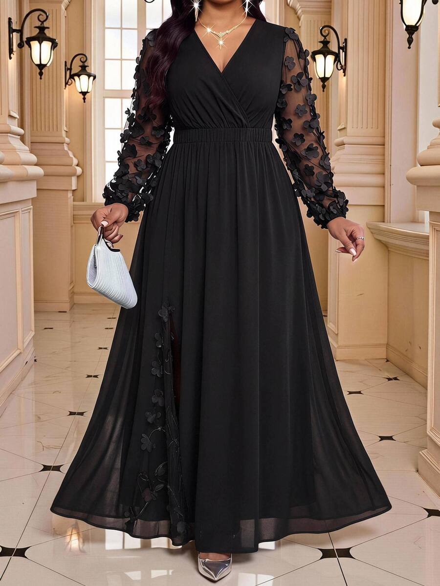 Elegantna haljina , plus size, sa vezom i mrežastim detaljima