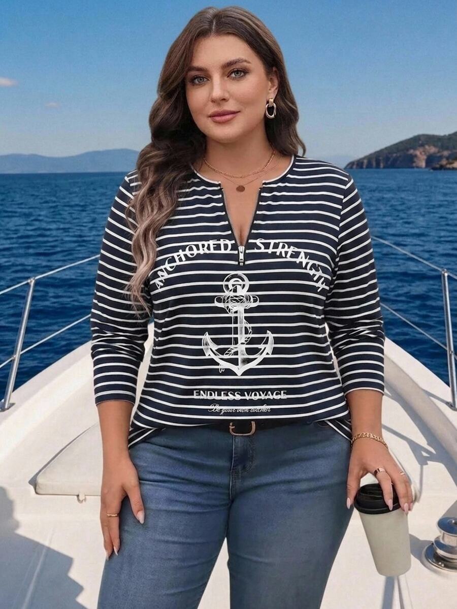 Bluza plus size, širokog kroja, sa polu-ziperom, okruglim izrezom i dugim rukavima
