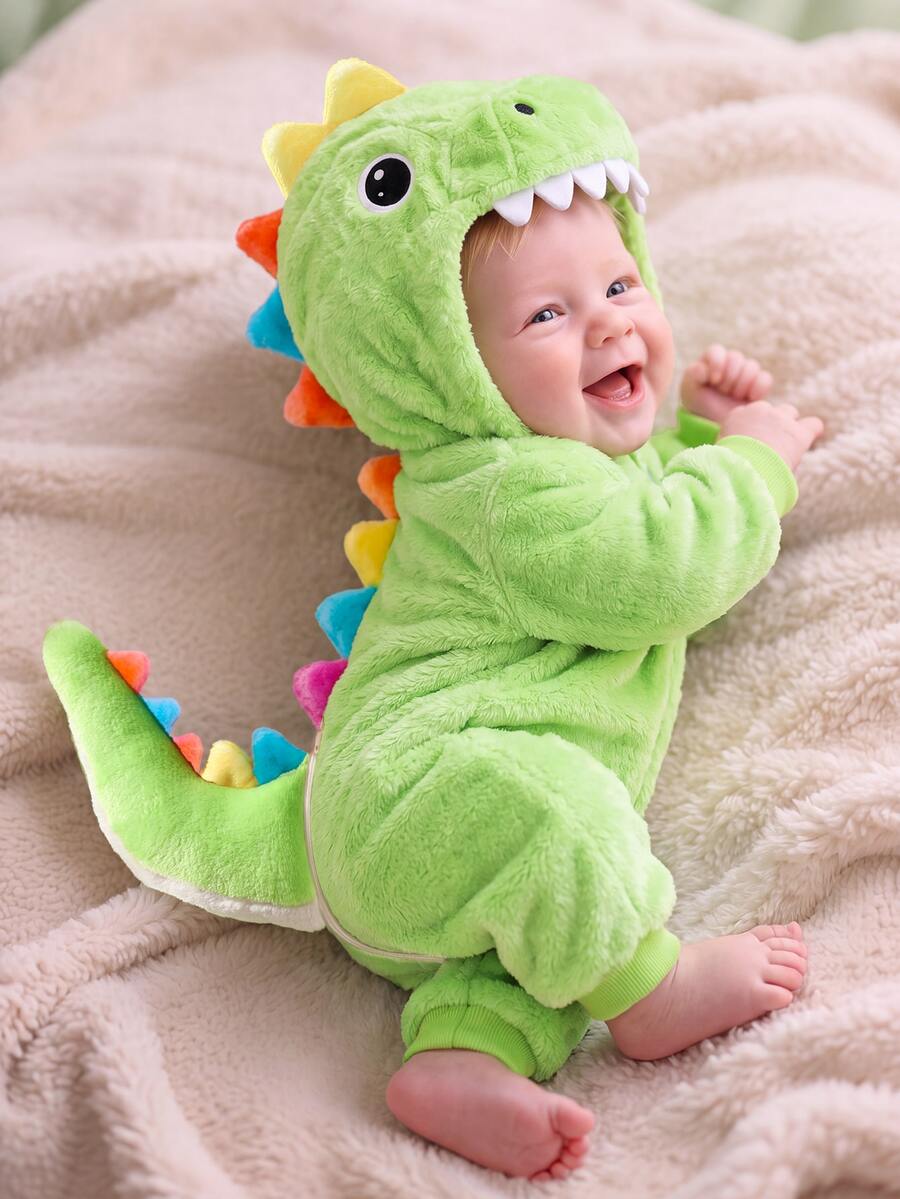 Bebi kombinezon sa kapuljačom, limeta zelena, 3D rep dinosauraura sa bodljama i zubima, dugi rukavi