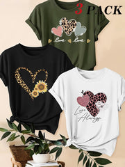 3 kom/set letnjih majica: ležerna majica plus size sa leopard printom, srcem i slogan grafikom