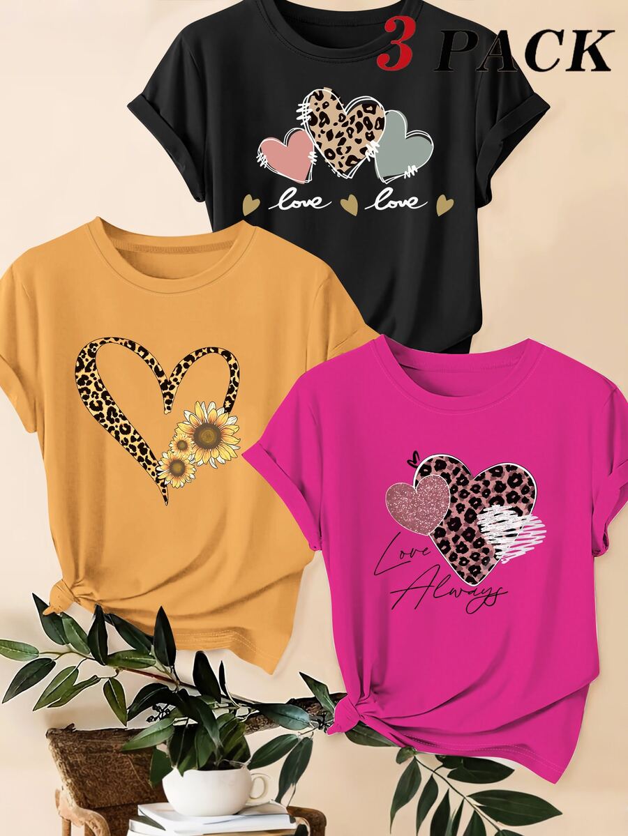 3 kom/set letnjih majica: ležerna majica plus size sa leopard printom, srcem i slogan grafikom