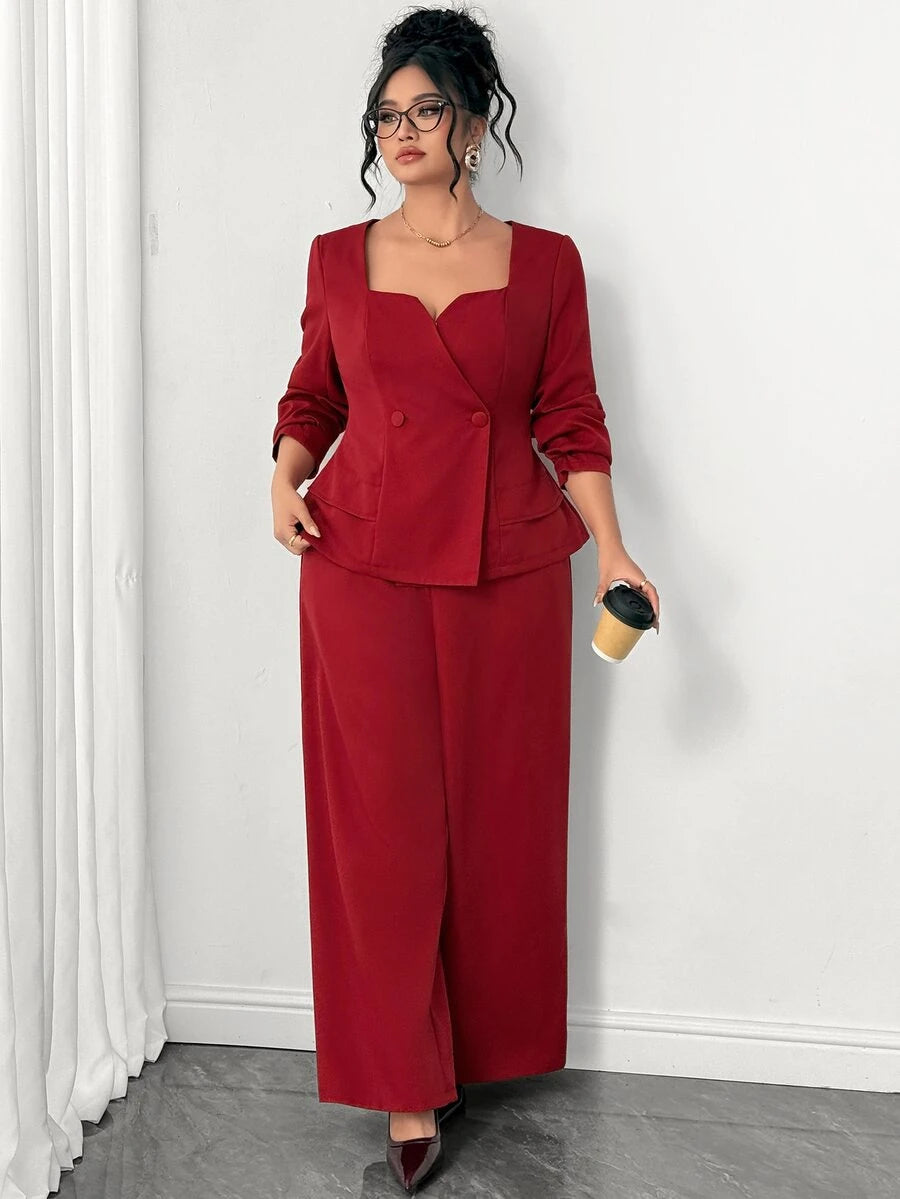 Ženski komplet odelo plus size sa blejzer topom dugih rukava i drapiranim širokim pantalonama
