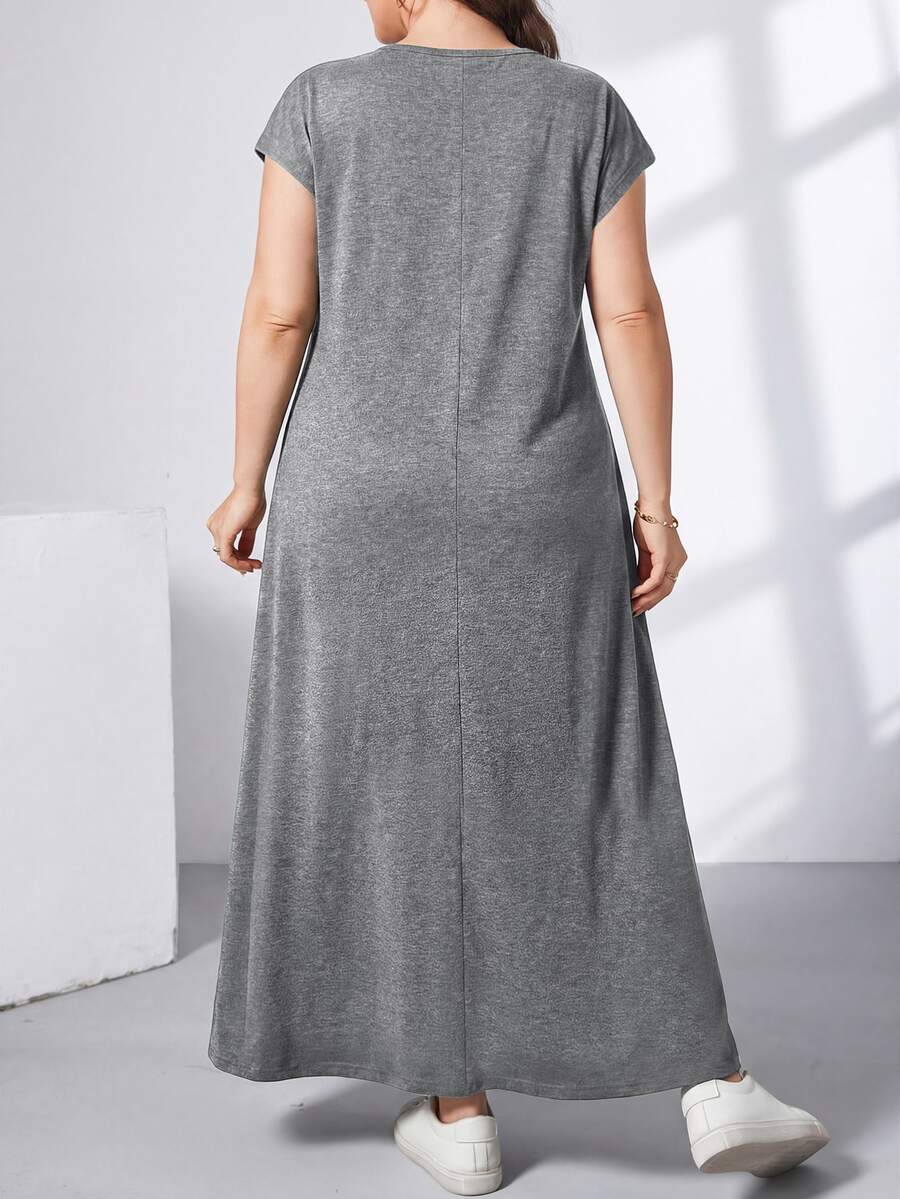 Ženska ležerna haljina plus size, jednobojna, sa okruglim izrezom, kratkim rukavima i džepom