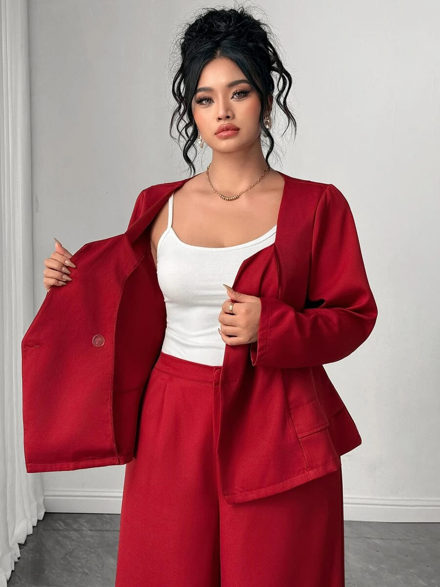 Ženski komplet odelo plus size sa blejzer topom dugih rukava i drapiranim širokim pantalonama