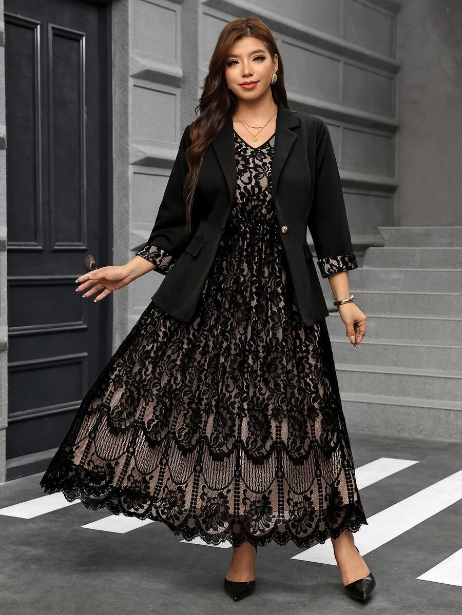 Clasi Set sa sakoom i haljinom sa cvetnim dezenom, plus size