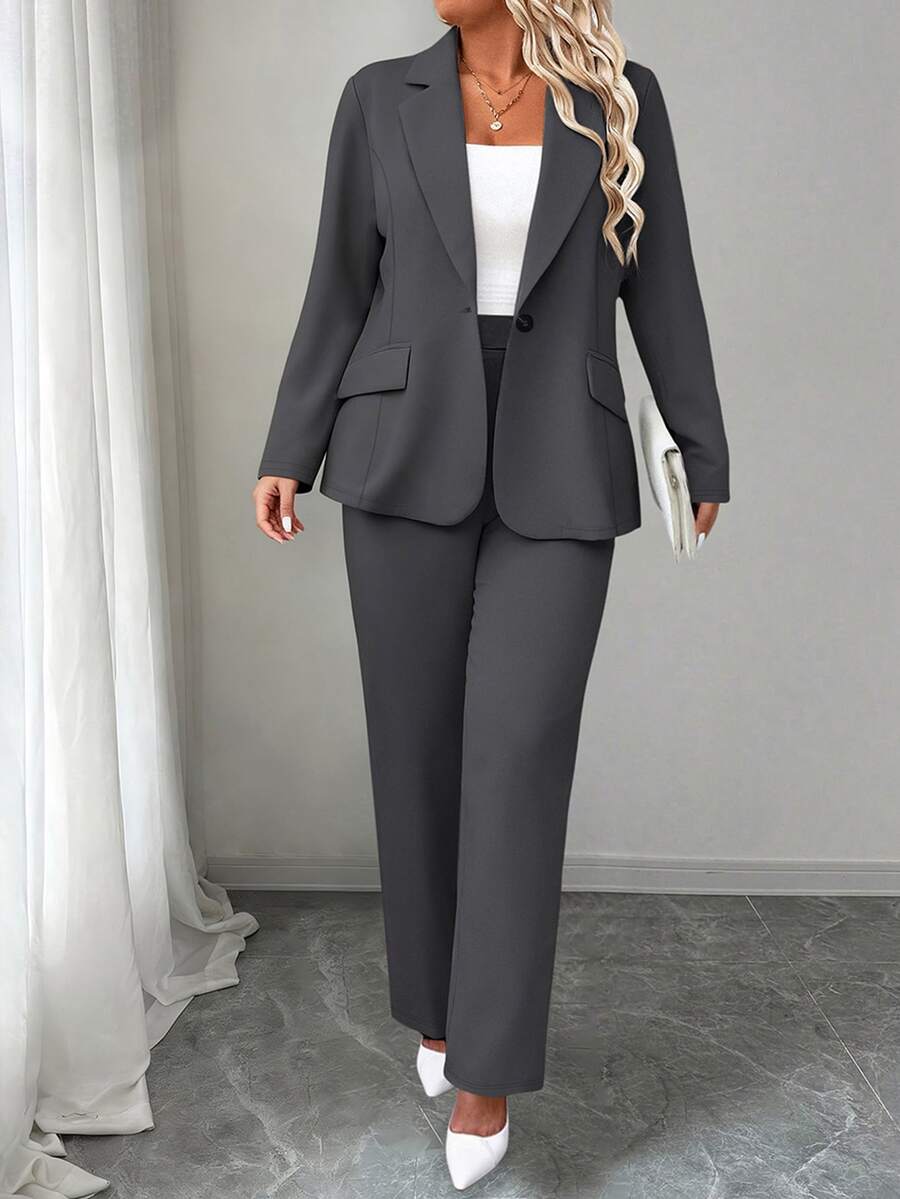 Ženski komplet sako i pantalone u jednobojnoj boji, plus size