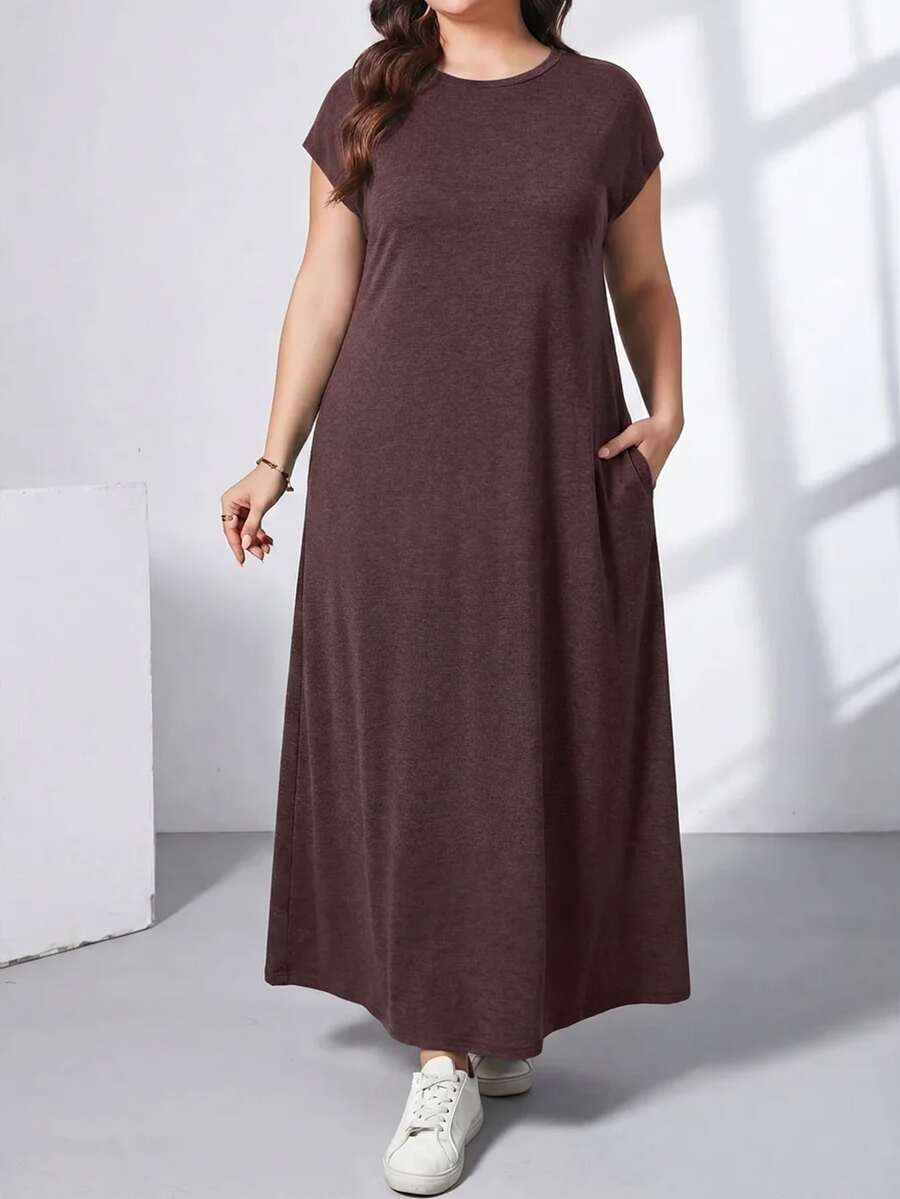 Ženska ležerna haljina plus size, jednobojna, sa okruglim izrezom, kratkim rukavima i džepom