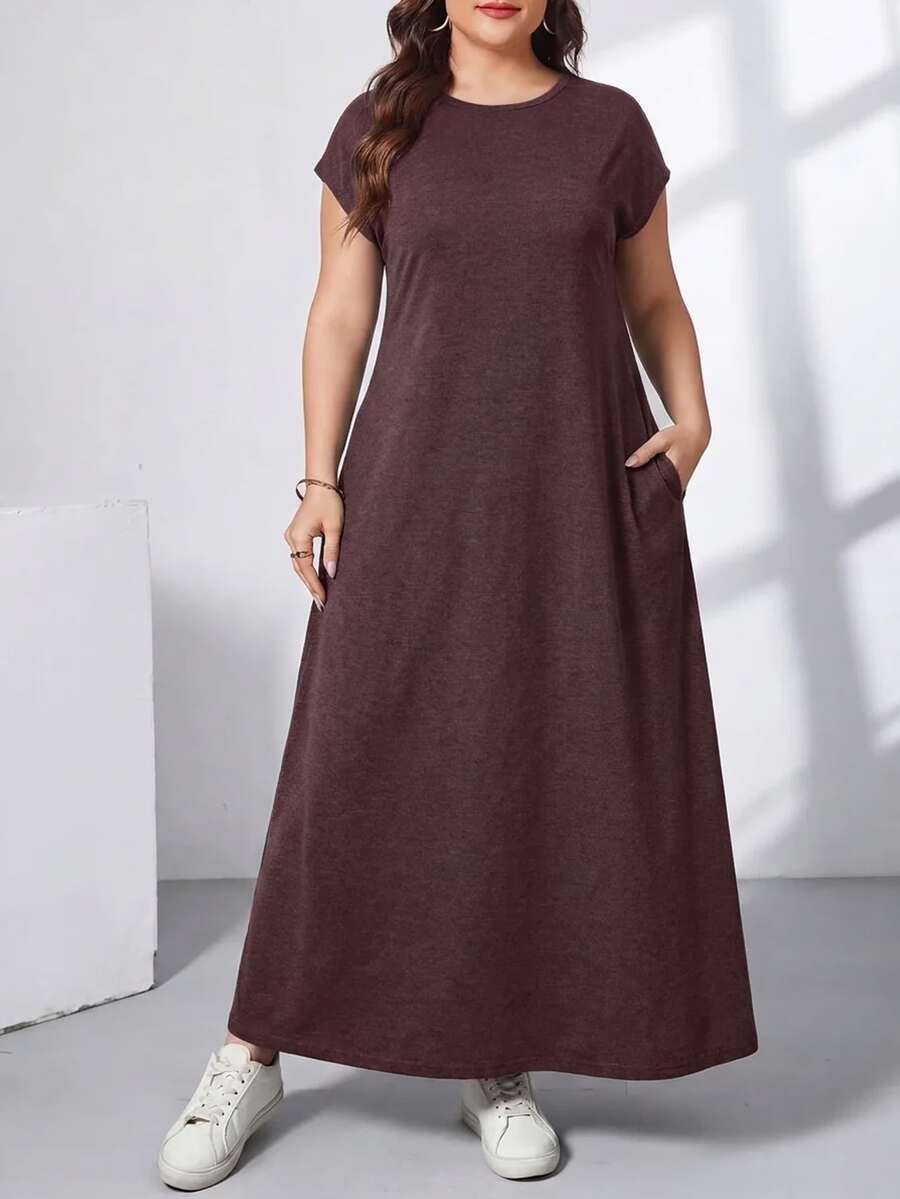 Ženska ležerna haljina plus size, jednobojna, sa okruglim izrezom, kratkim rukavima i džepom