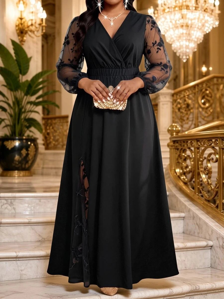 Elegantna haljina , plus size, sa vezom i mrežastim detaljima