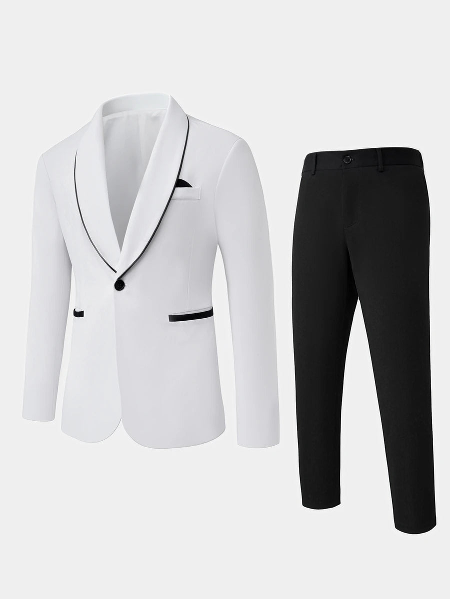 Muški beli uski kroj set od sakoa sa šalom kragnom i crnim detaljima i pantalonama