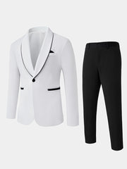 Muški beli uski kroj set od sakoa sa šalom kragnom i crnim detaljima i pantalonama
