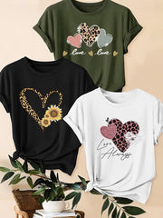 3 kom/set letnjih majica: ležerna majica plus size sa leopard printom, srcem i slogan grafikom
