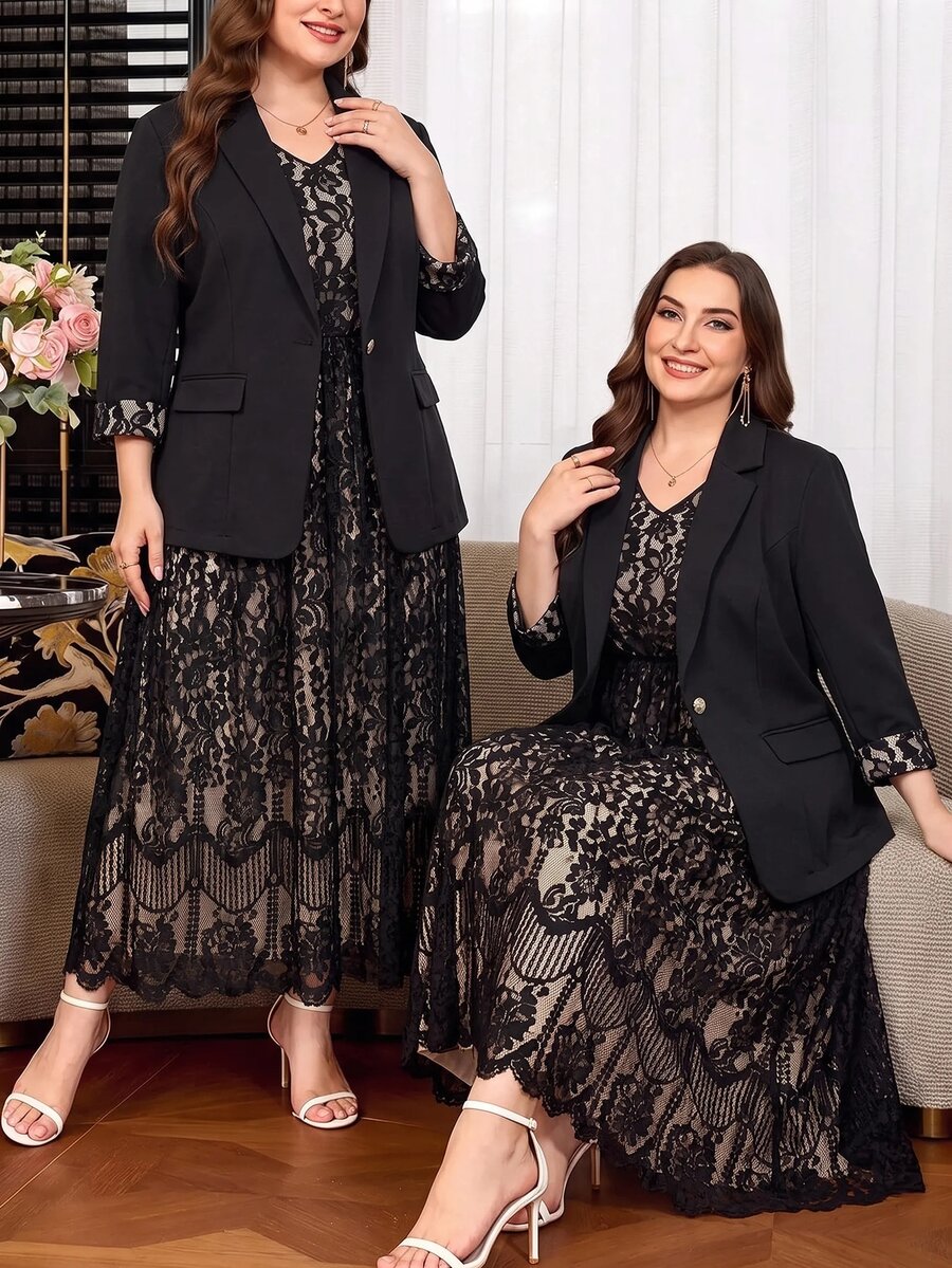 Clasi Set sa sakoom i haljinom sa cvetnim dezenom, plus size