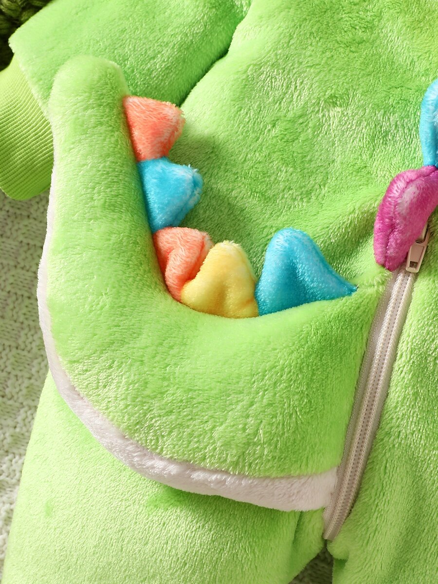 Bebi kombinezon sa kapuljačom, limeta zelena, 3D rep dinosauraura sa bodljama i zubima, dugi rukavi