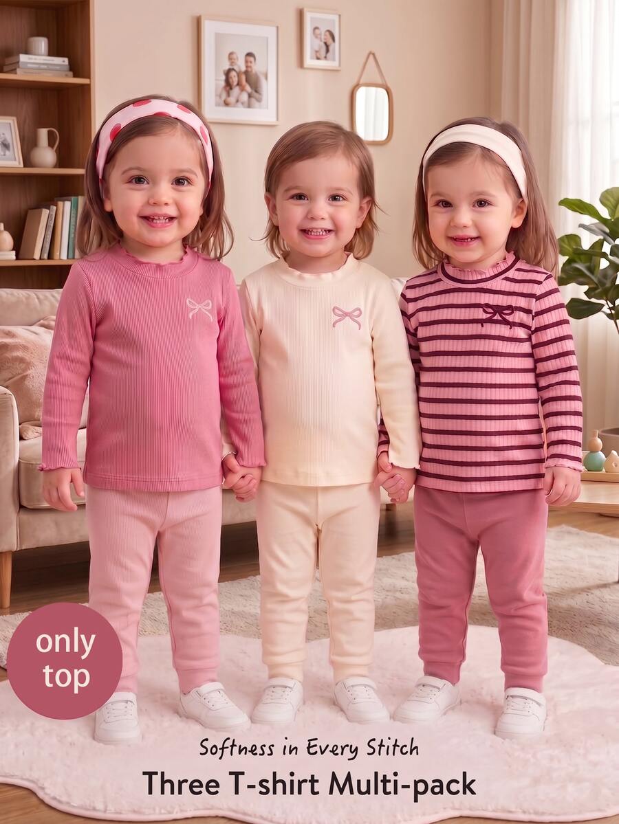 3 kom/set dečijih majica za devojčice, roze i bela prugasta, jesenja, slatka