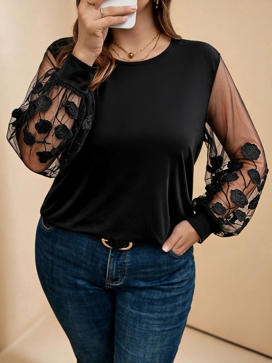 Ženska providna mrežasta bluza sa lantern rukavima, plus size