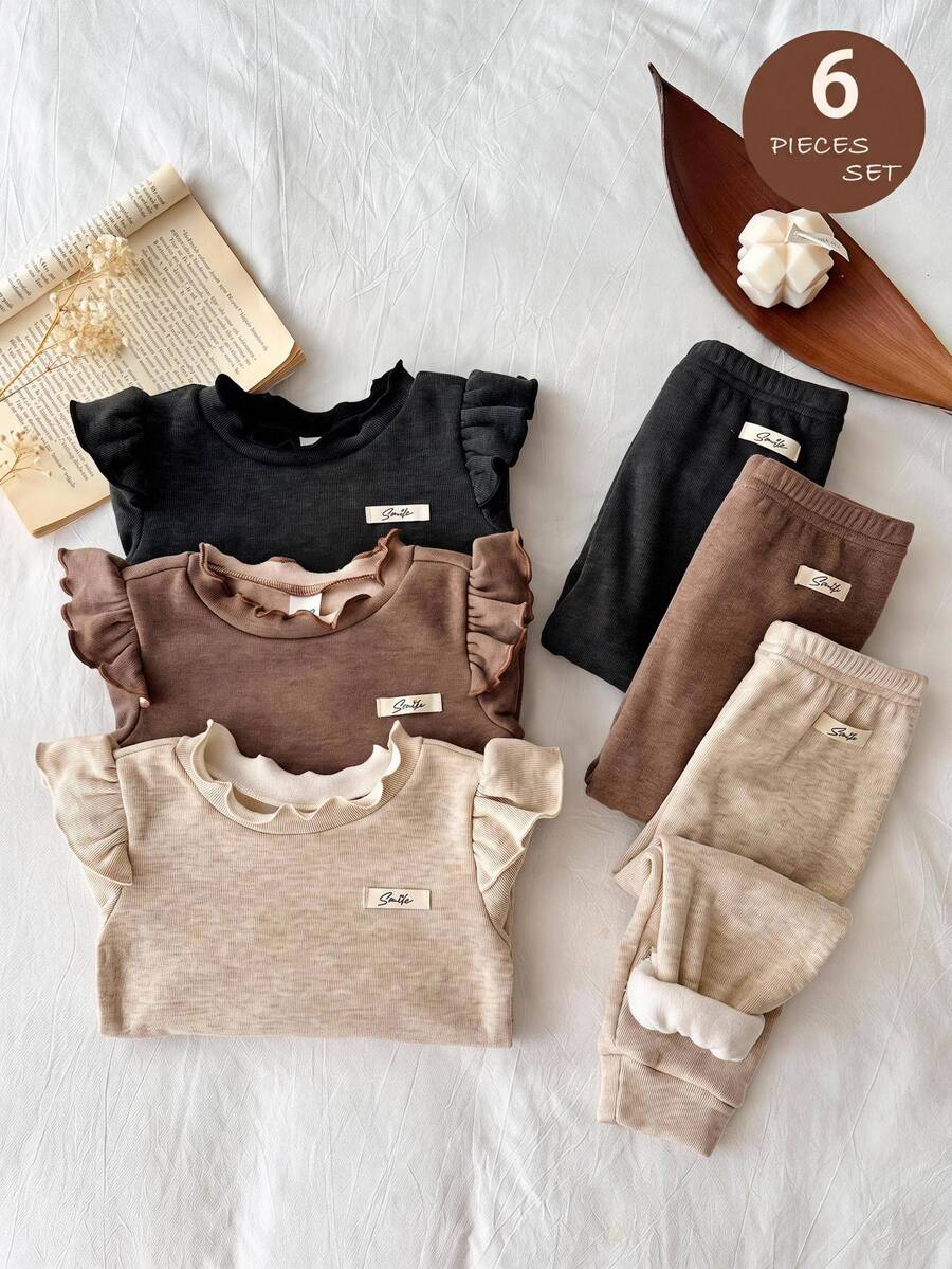 Set od 6 komada za devojčice bebe: pletena majica sa srcastim uzorkom, okruglim izrezom  i duge pantalone