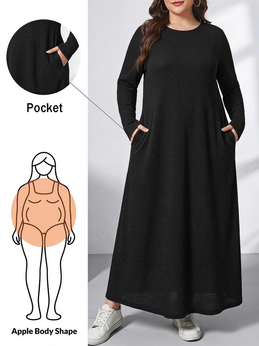 Ženska ležerna haljina plus size, jednobojna, sa okruglim izrezom, kratkim rukavima i džepom