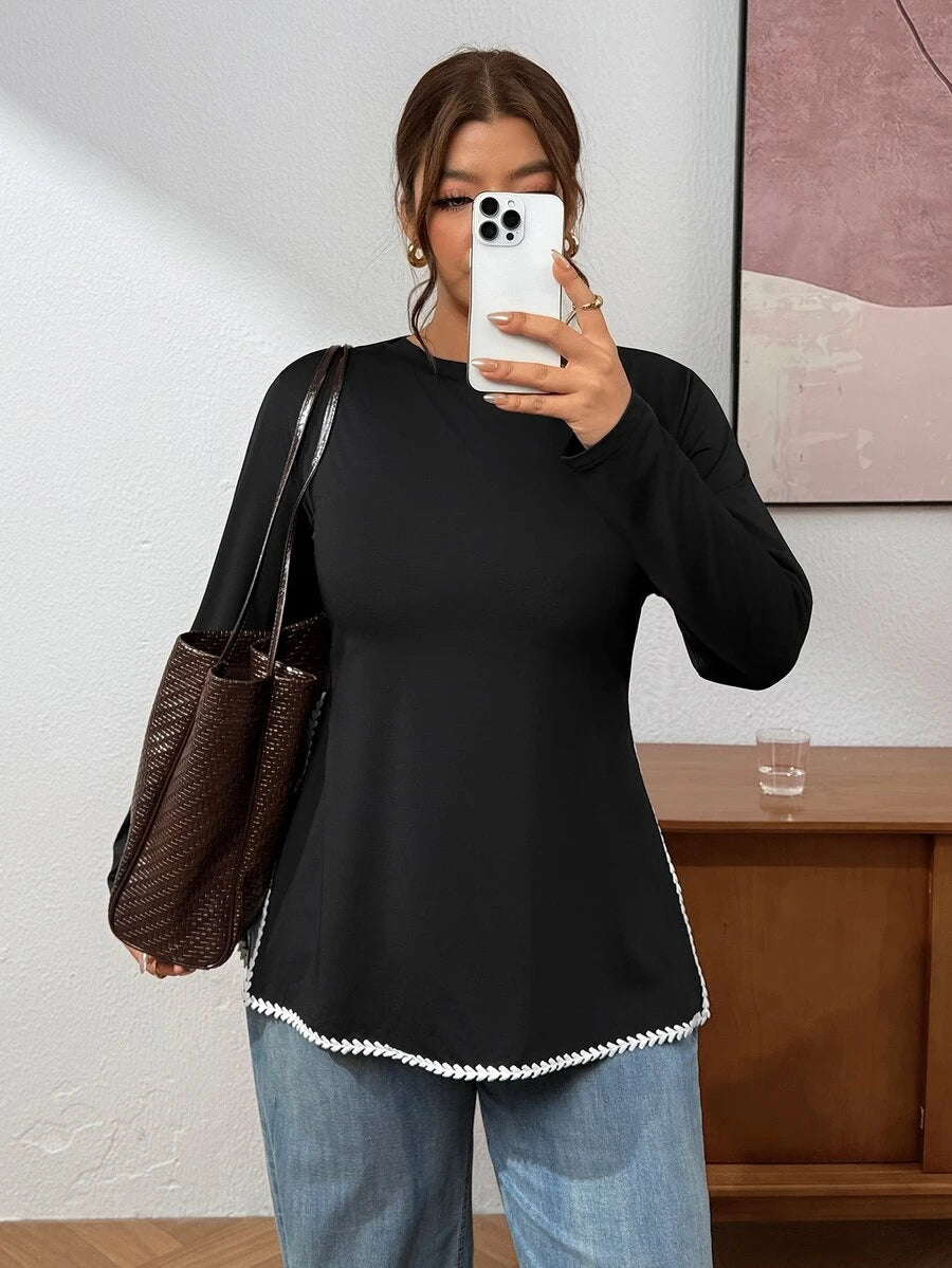 Ženska prugasta pletena bluza plus size sa okruglim izrezom
