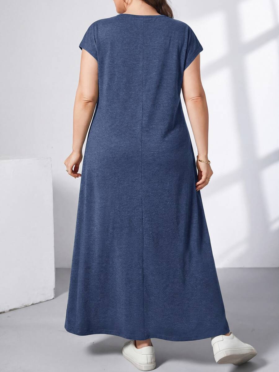 Ženska ležerna haljina plus size, jednobojna, sa okruglim izrezom, kratkim rukavima i džepom