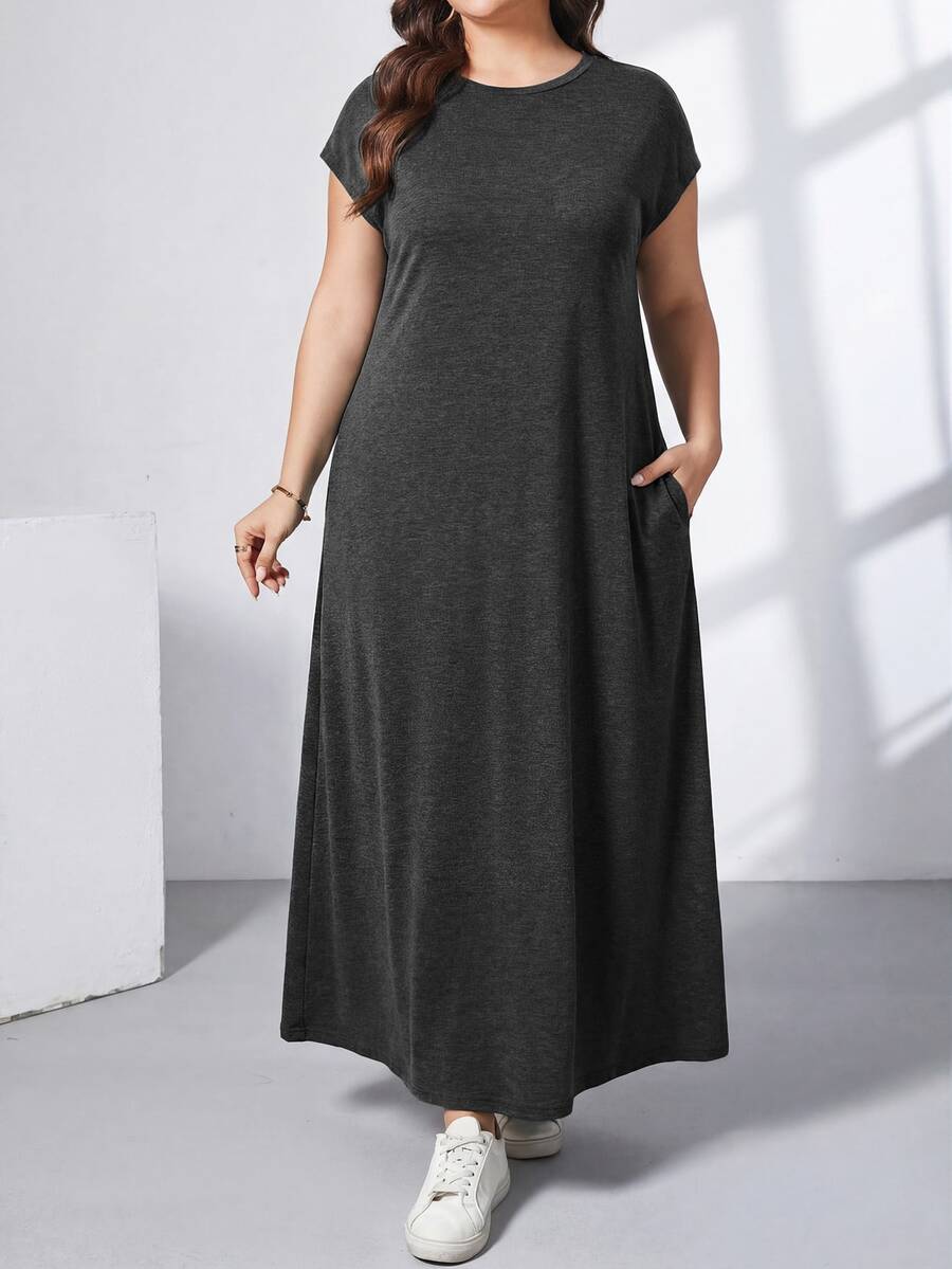 Ženska ležerna haljina plus size, jednobojna, sa okruglim izrezom, kratkim rukavima i džepom